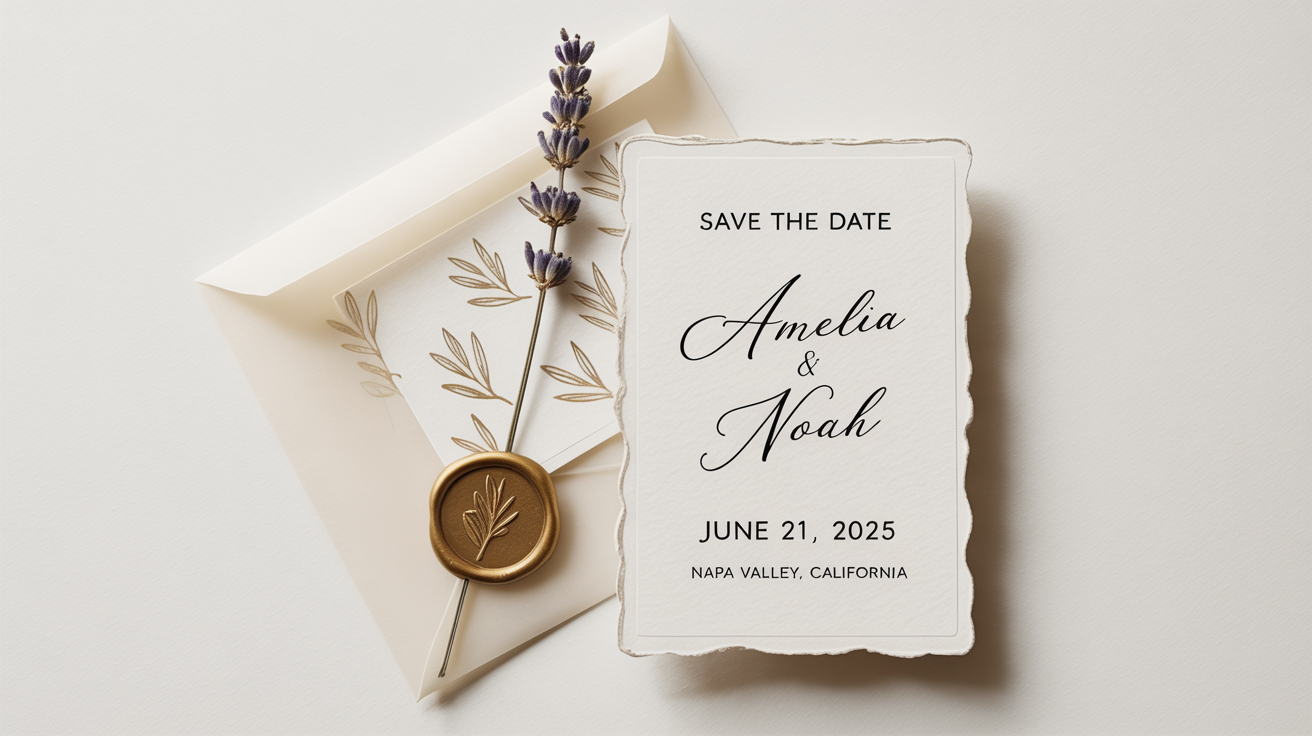 An elegant 'Save the Date' card mockup for 'Amelia & Noah' on 'June 21, 2025', displayed in a flat lay with a vellum envelope, lavender sprig, and a gold wax seal on a white background.