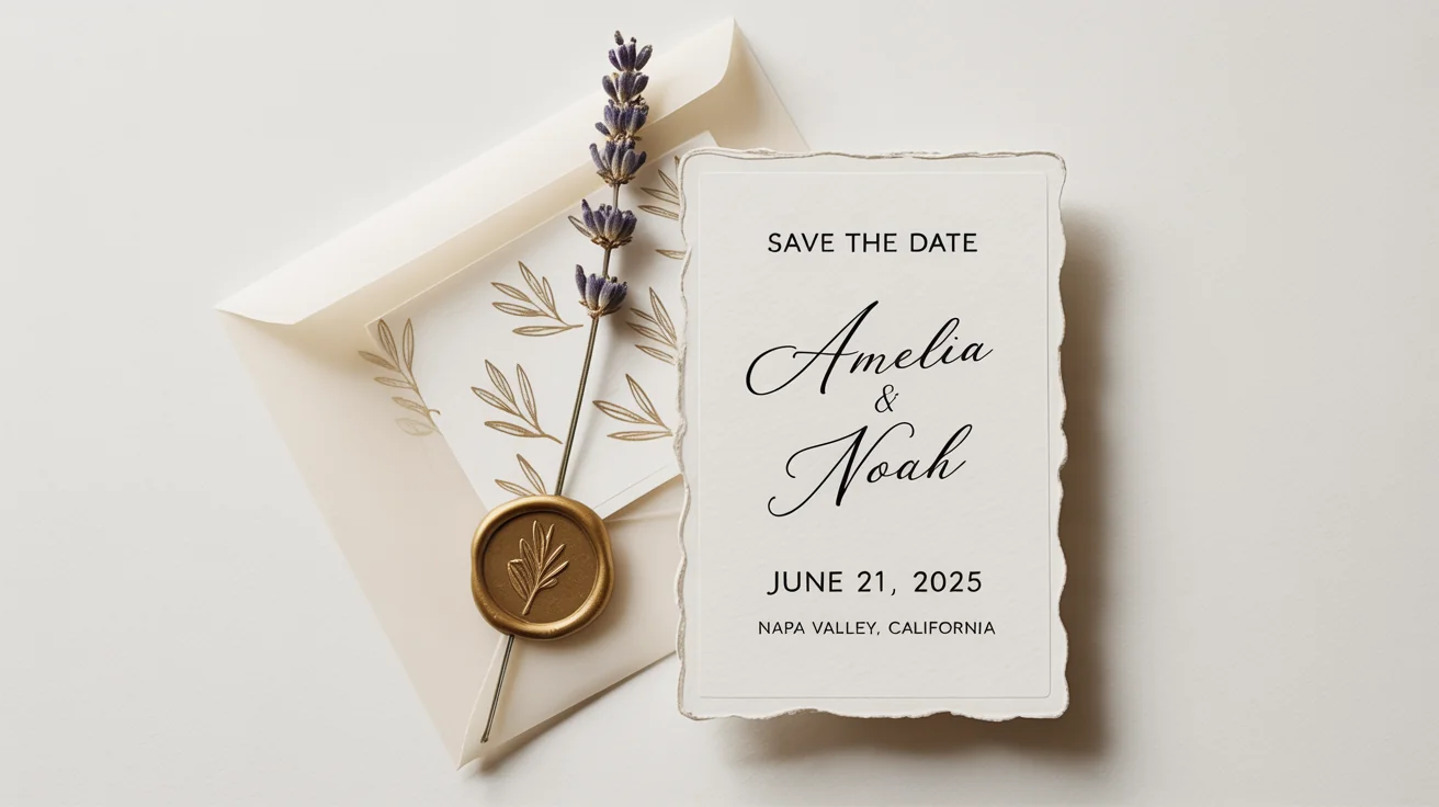 An elegant 'Save the Date' card mockup for 'Amelia & Noah' on 'June 21, 2025', displayed in a flat lay with a vellum envelope, lavender sprig, and a gold wax seal on a white background.