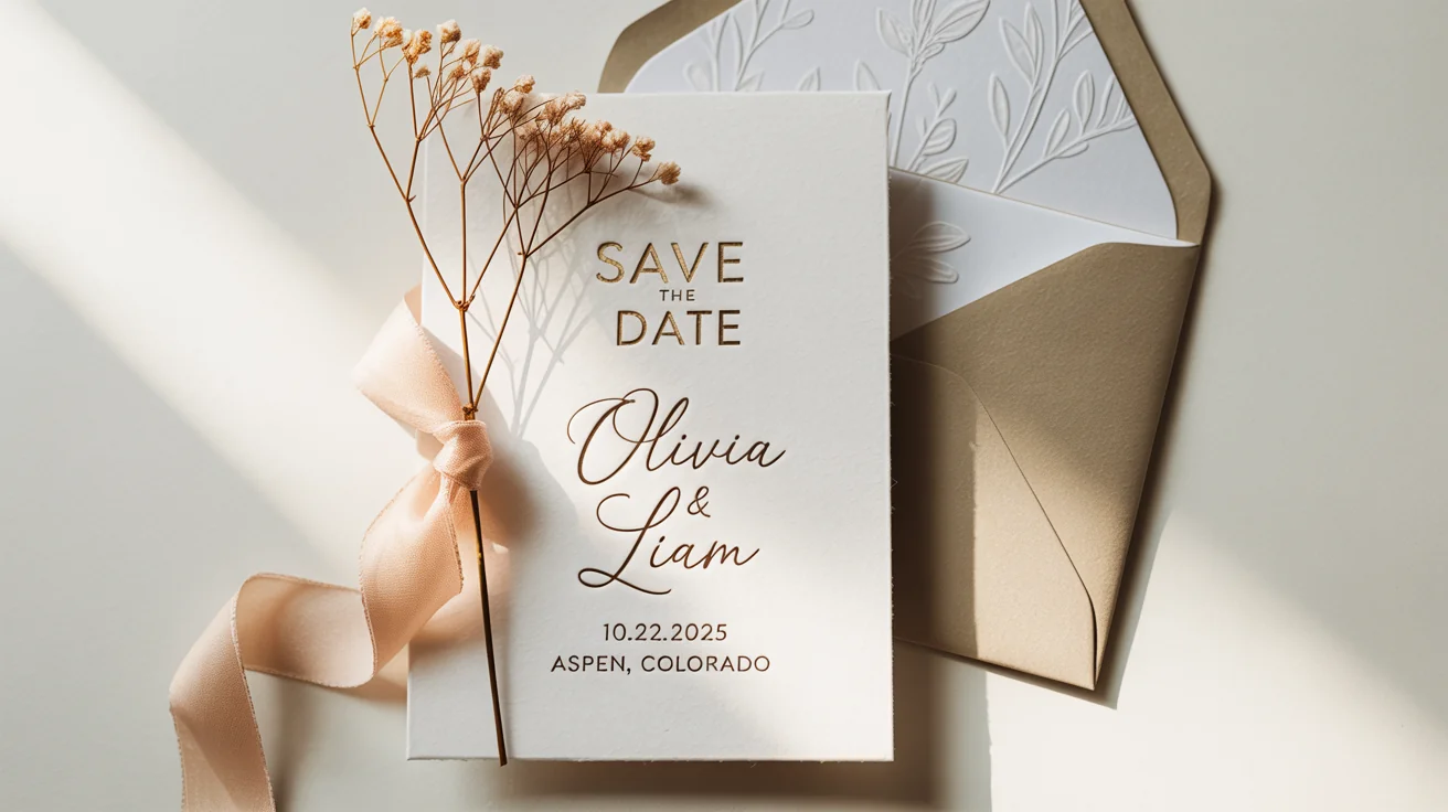 An elegant 'Save the Date' card mockup for 'Olivia & Liam' set for '10.22.2025', arranged with a matching envelope and silk ribbon on a white surface.
