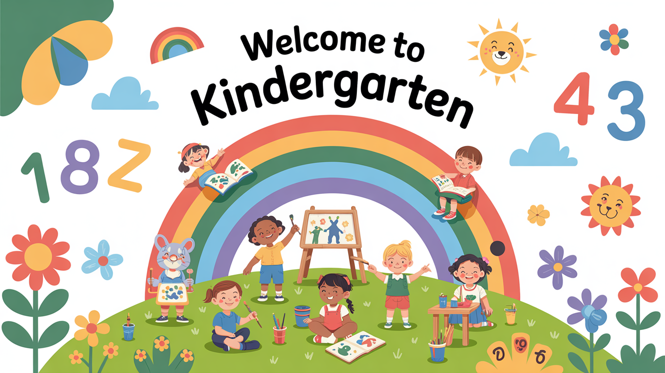 A professionally designed and cheerful kindergarten poster with the text 'WELCOME TO KINDERGARTEN' above a colorful illustration of diverse children playing under a rainbow.
