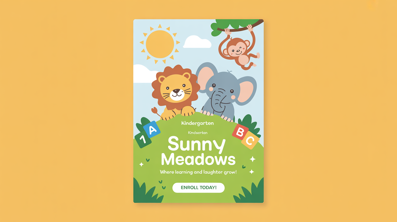A cheerful kindergarten poster mockup featuring cartoon animals on a grassy hill with text that reads 'Sunny Meadows Kindergarten' and 'Enroll Today!'.