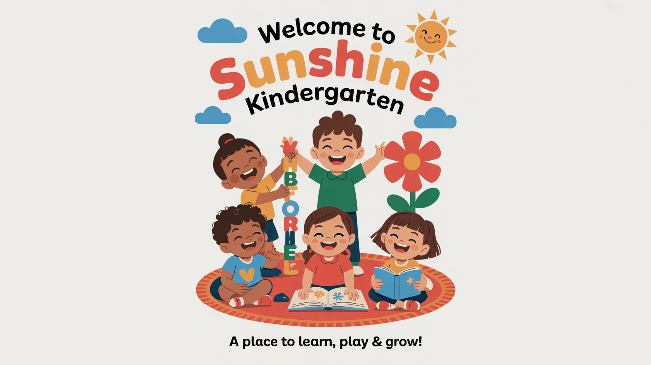 A colorful mockup of a kindergarten poster with the title 'Welcome to Sunshine Kindergarten'. It features cute illustrations of diverse children playing with blocks, drawing, and reading under a rainbow and smiling sun.