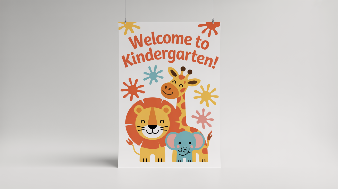 A colorful and playful kindergarten poster mockup against a white background, featuring cartoon animals and the text 'Welcome to Kindergarten!'.