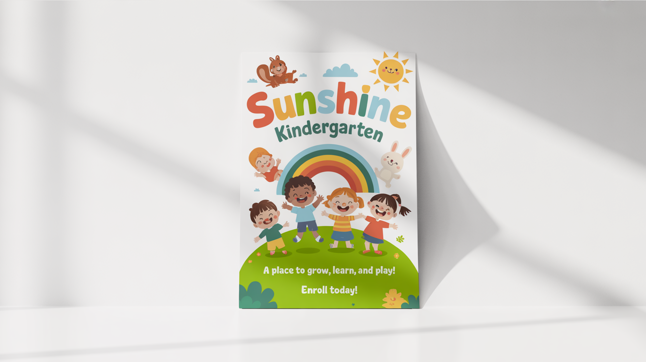 A colorful and cheerful poster for 'Sunshine Kindergarten' showing diverse cartoon children playing and learning under a rainbow, displayed as a mockup on a white background.