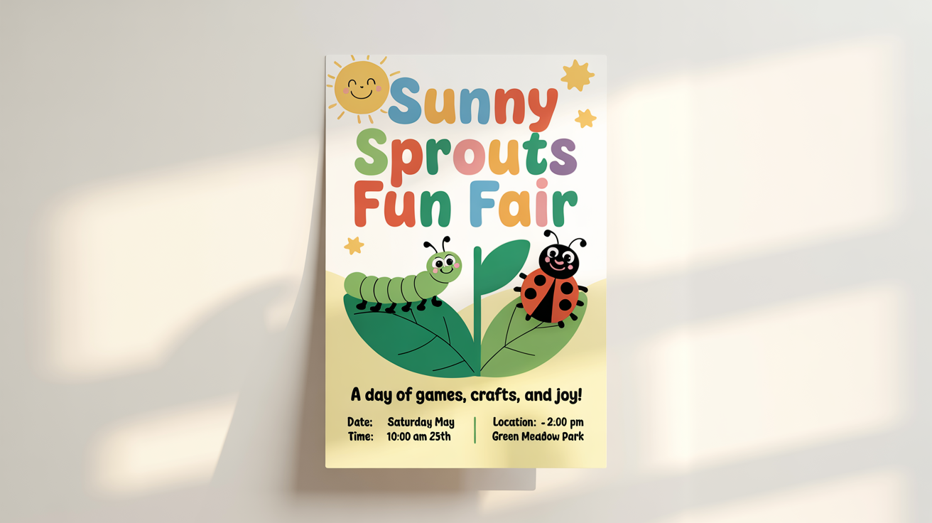 A mockup of a cheerful kindergarten event poster with cartoon illustrations of a sun and insects. The poster, set against a white background, announces the 'Sunny Sprouts Fun Fair' with event details.