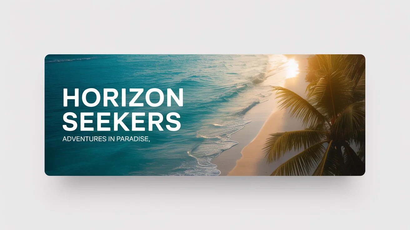 A mockup of a Facebook cover photo banner for a travel blog called 'Horizon Seekers', featuring a vibrant image of a tropical beach sunset, all set against a clean white background.