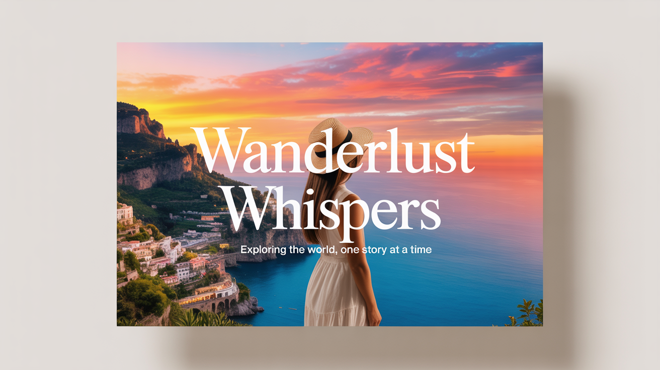 A mockup of a Facebook cover photo for a travel page named 'Wanderlust Whispers', showing a woman overlooking the Amalfi Coast at sunset, presented on a white background.