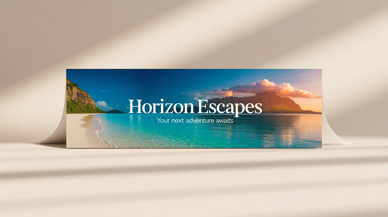 A mockup of a Facebook cover photo banner for a travel agency called 'Horizon Escapes', featuring a beautiful landscape image of a beach and mountains, displayed on a white background.