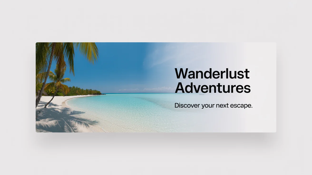 A mockup of a Facebook cover photo for a travel agency named 'Wanderlust Adventures'. The banner features a beautiful tropical beach scene and is presented on a clean white background.