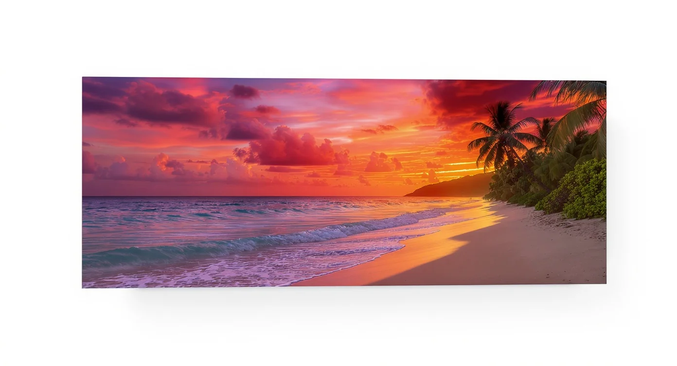 A mockup of a beautiful Facebook cover photo depicting a tropical beach sunset, presented floating against a clean white background.