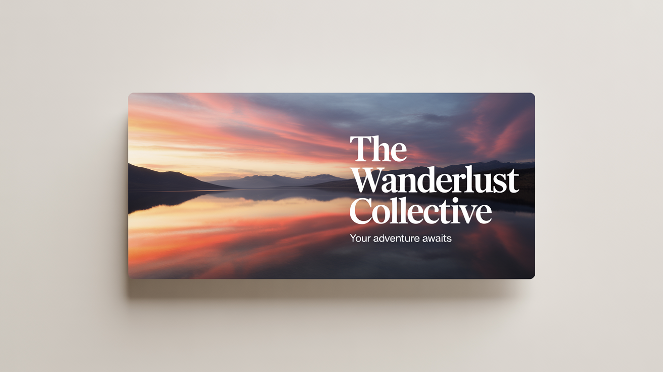 A mockup of a Facebook cover photo for a travel group, featuring a beautiful mountain lake at sunset with the text 'The Wanderlust Collective' and 'Your Adventure Awaits'.