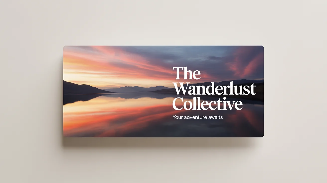 A mockup of a Facebook cover photo for a travel group, featuring a beautiful mountain lake at sunset with the text 'The Wanderlust Collective' and 'Your Adventure Awaits'.