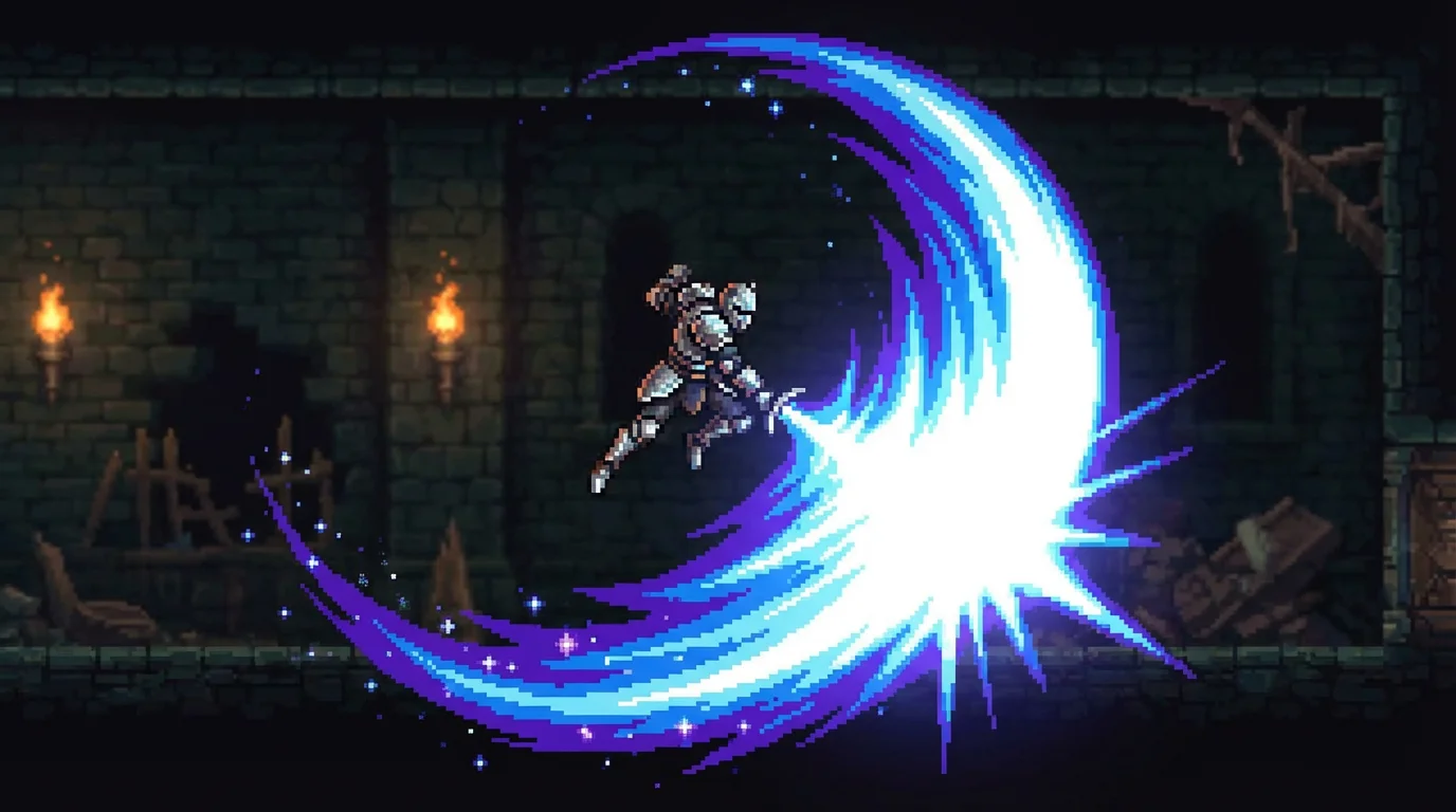 A polished 16-bit pixel art video game scene showing a knight's powerful sword attack, which creates a large, glowing blue and purple slash effect.
