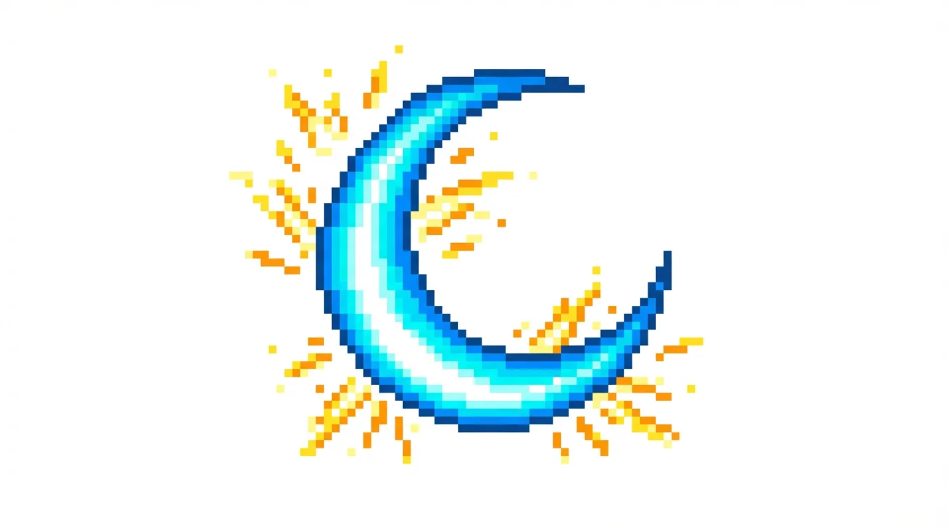 A dynamic pixel art slash effect, rendered in a 16-bit video game style, with bright blue and white energy and sparkling particles, isolated on a white background.