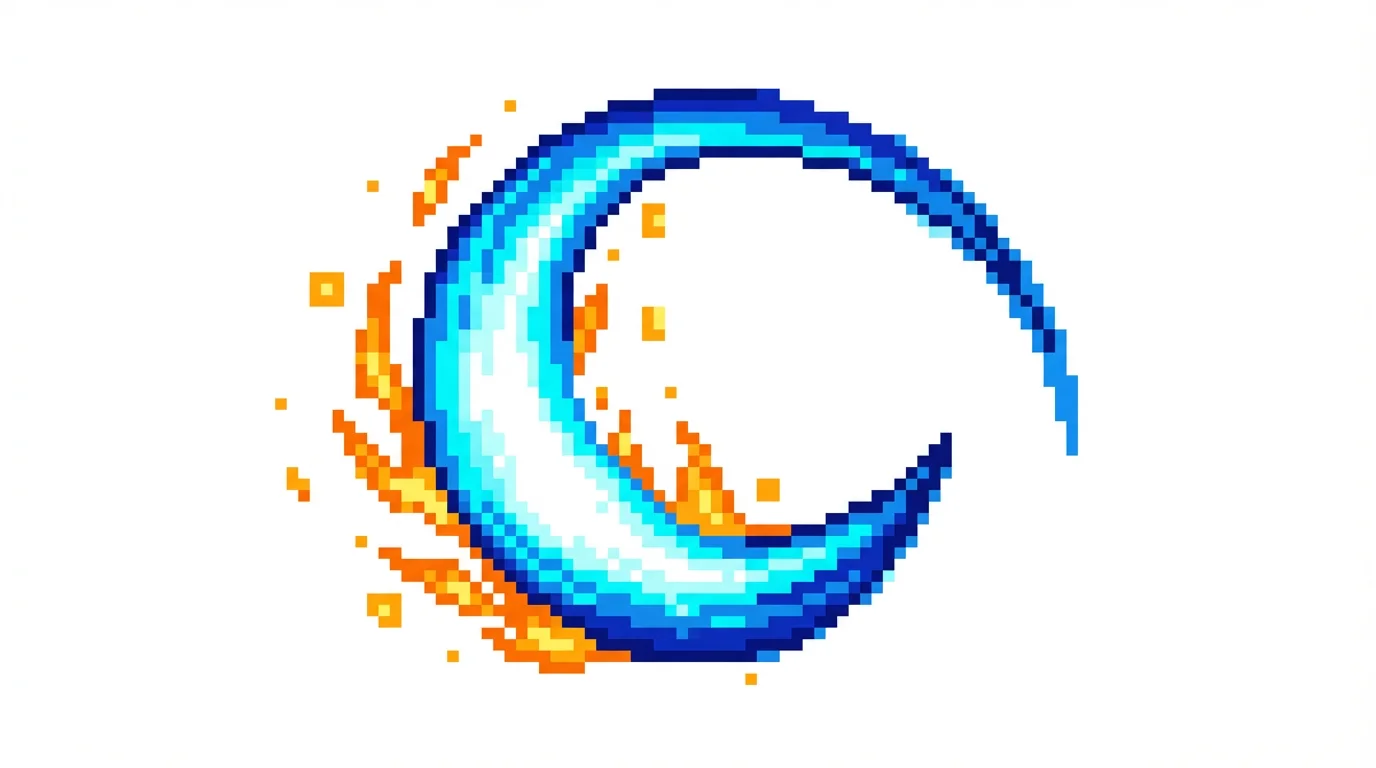 A pixel art illustration of a powerful, arcing slash effect in bright blue and white, with a trail of orange pixelated sparks, set against a plain white background.