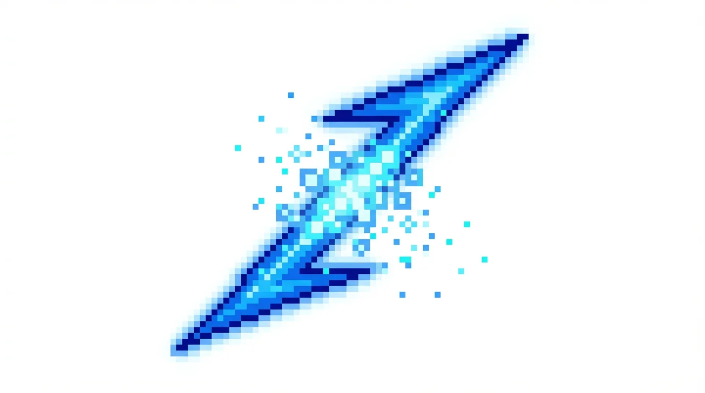 A vibrant pixel art depiction of a video game-style slash effect, glowing in electric blue against a plain white background.