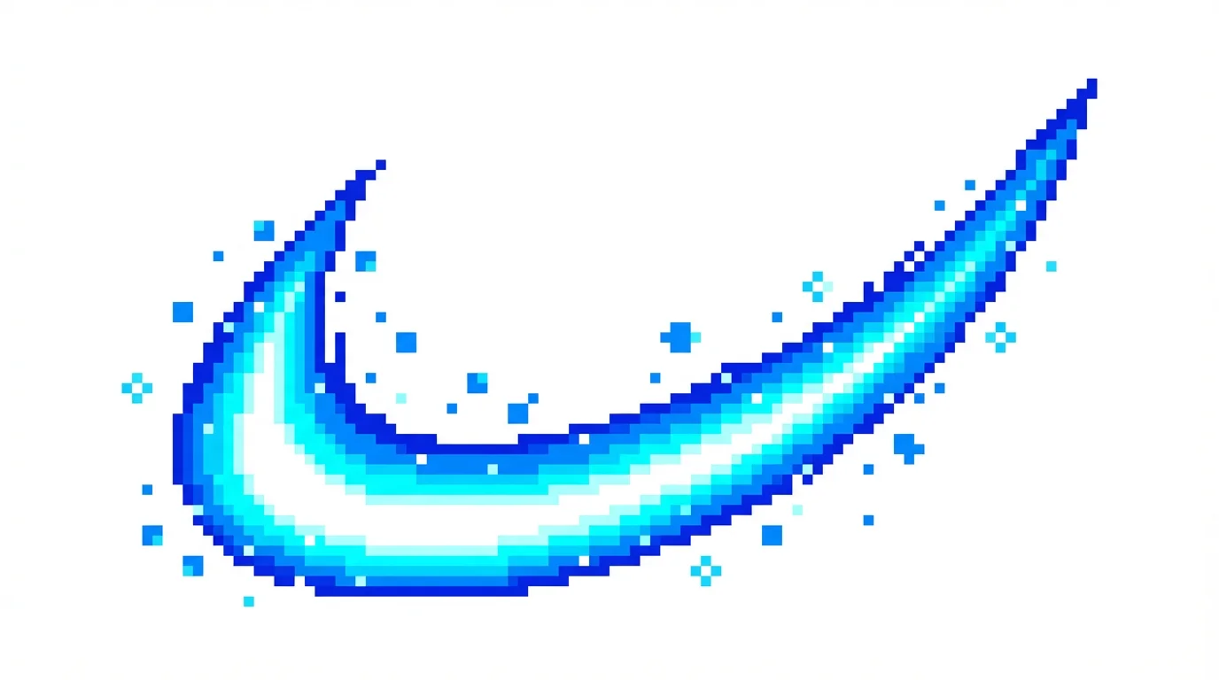 A dynamic 16-bit pixel art slash effect in vibrant blue and cyan, shown as an arcing trail of energy with sparkling particles against a plain white background.