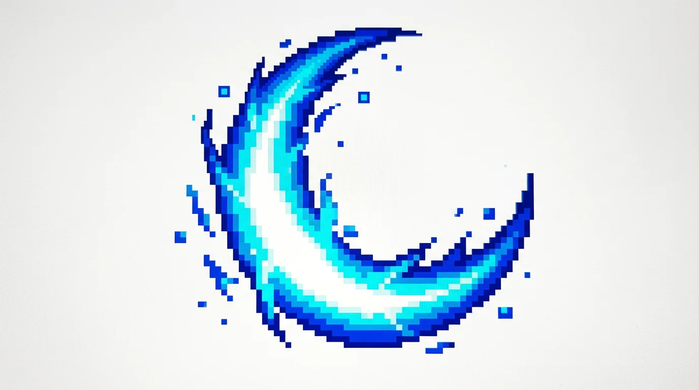 A dynamic pixel art slash effect, designed in a 16-bit video game style, with vibrant blue and white energy arcing against a clean white background.