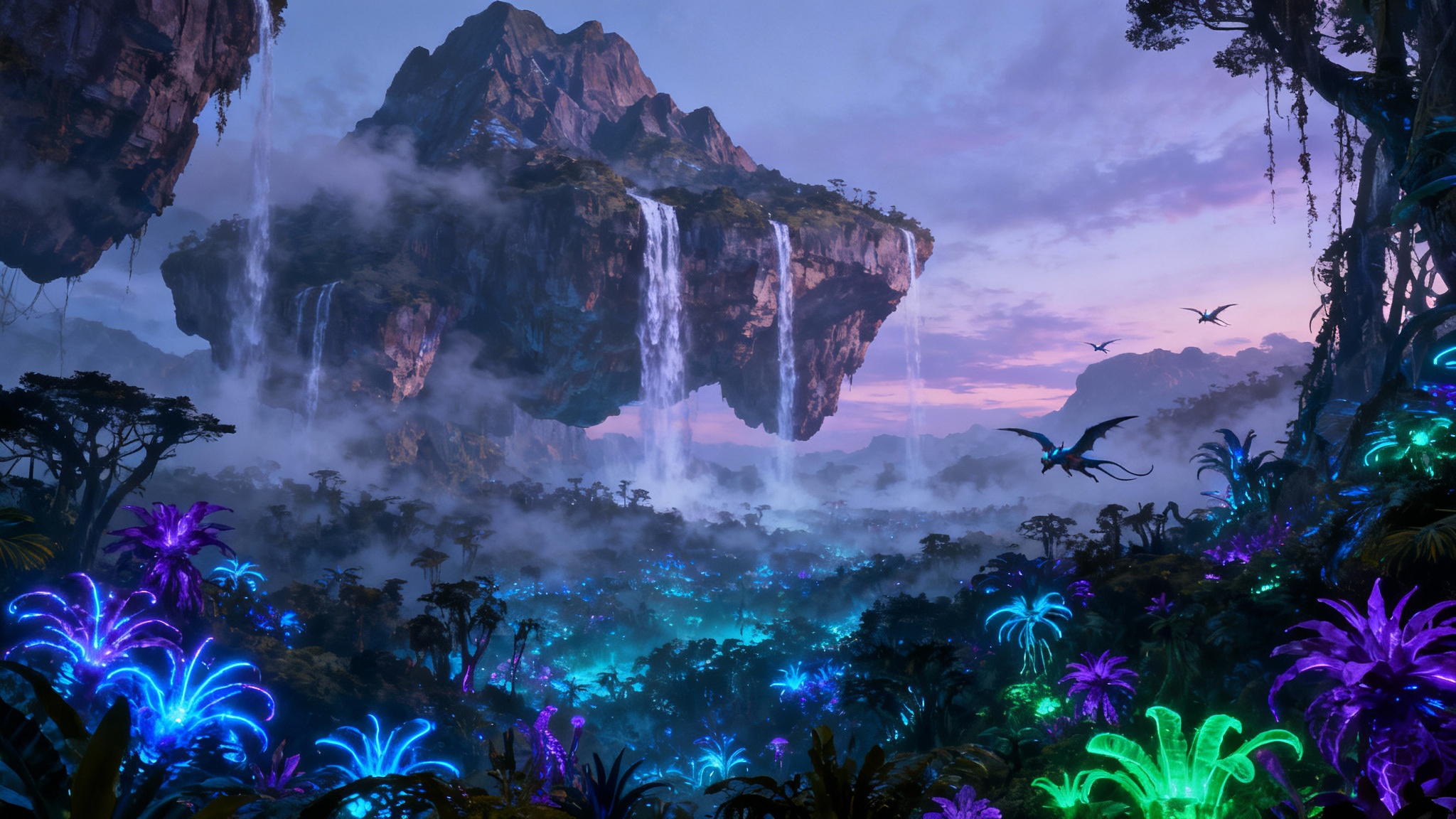 An epic concept art landscape of the planet Pandora at twilight, featuring massive floating mountains, cascading waterfalls, and a lush alien jungle glowing with vibrant blue and purple bioluminescent plants.