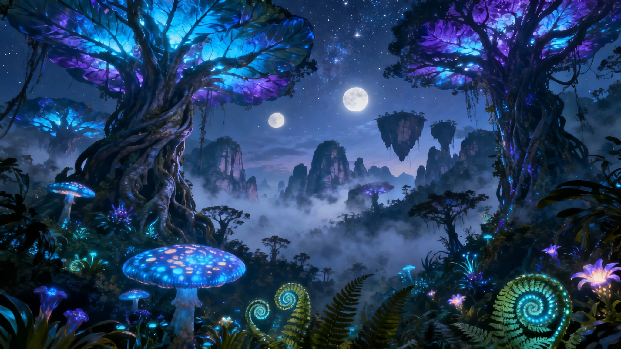 A breathtaking piece of concept art depicting the bioluminescent world of Pandora at night, with giant glowing trees, exotic plants, and floating mountains in the misty distance.