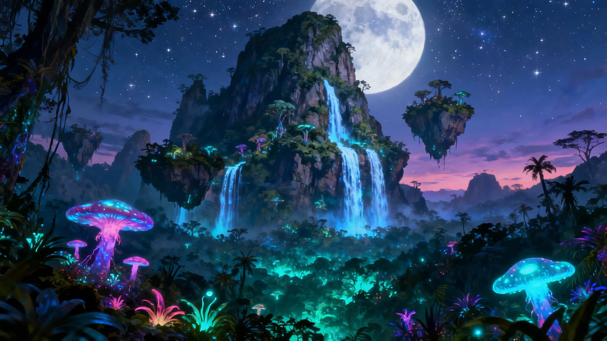 Concept art of a nighttime scene on the alien world of Pandora, featuring glowing plants, bioluminescent waterfalls, and majestic floating mountains against a starry sky.