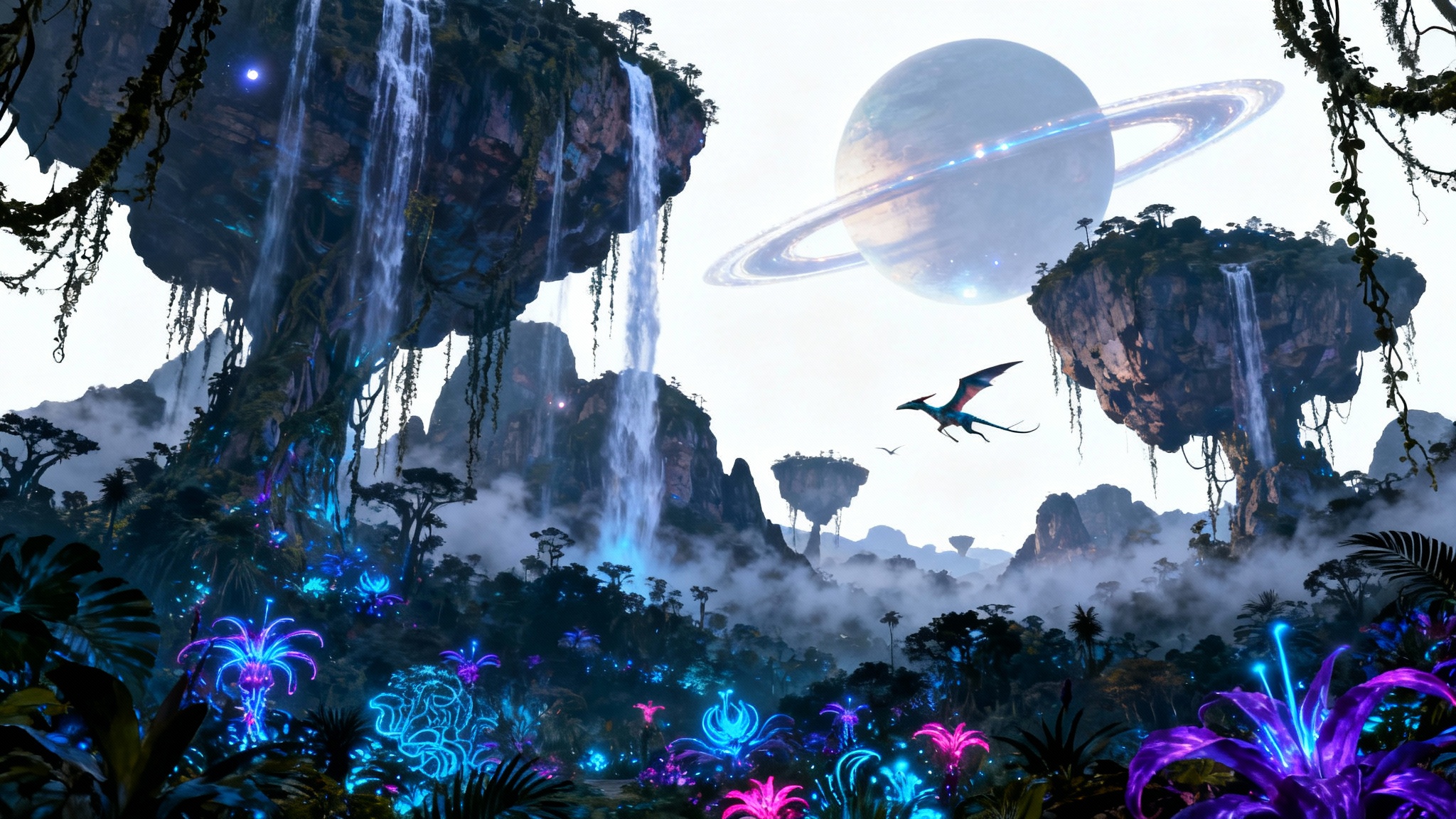 Concept art of the alien world Pandora, showing massive floating mountains and a glowing bioluminescent jungle at night, set against a white background.