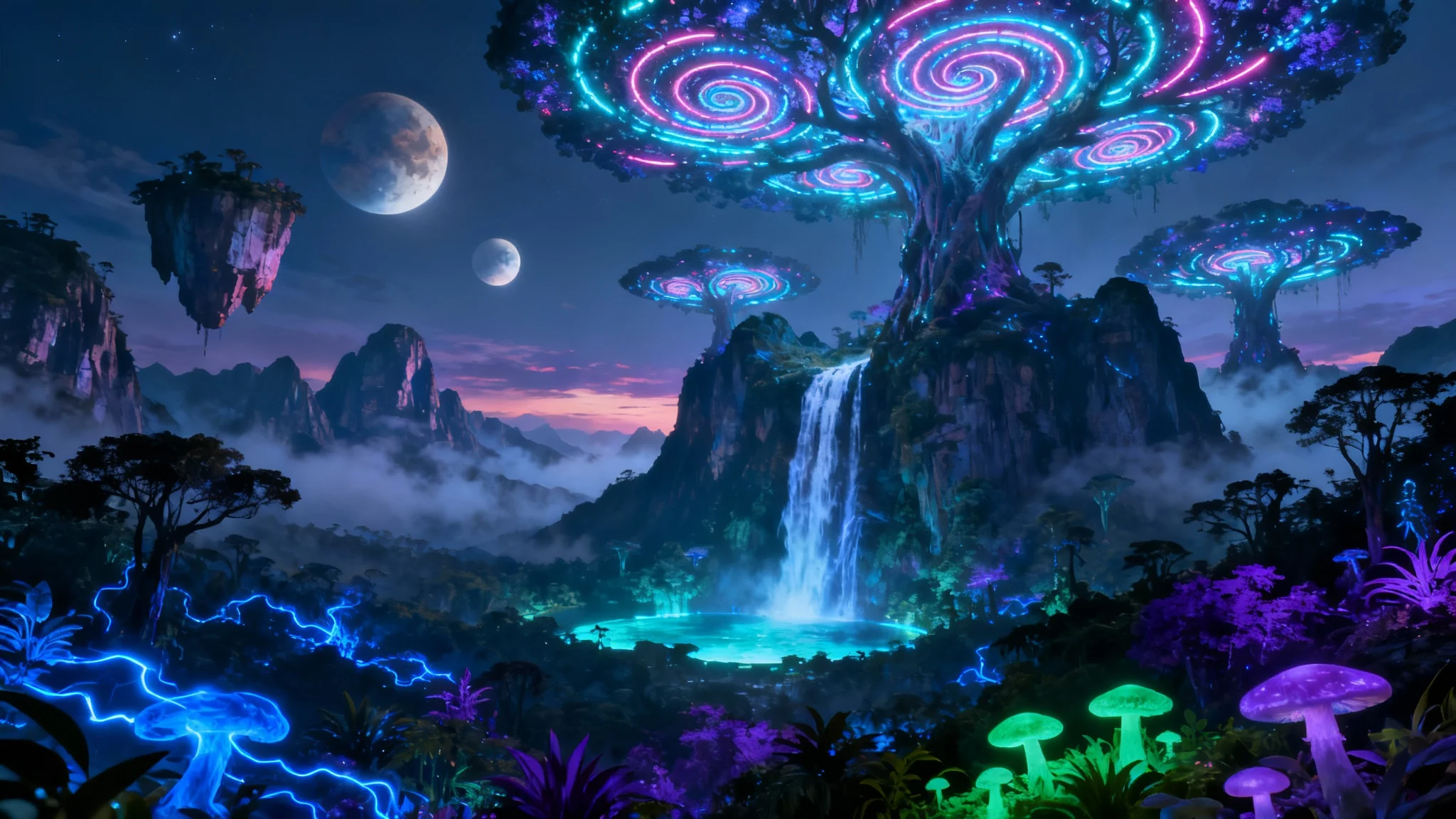 Concept art of the bioluminescent world of Pandora at night, featuring floating mountains, giant glowing trees, and exotic, luminous plants.