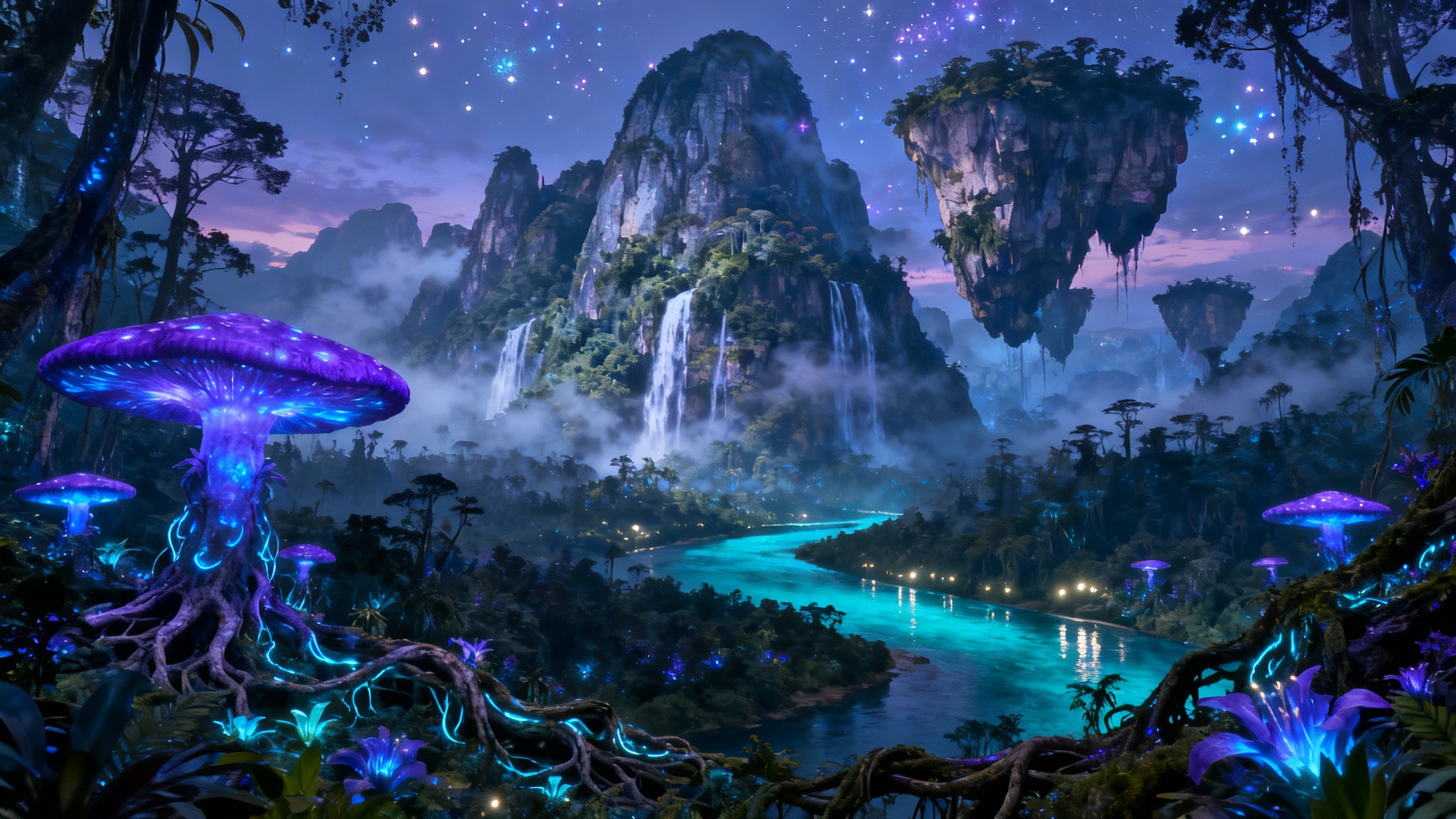 Concept art of a mystical alien landscape at night, inspired by Pandora from Avatar. Floating mountains with waterfalls hang in a misty sky above a jungle filled with giant, glowing blue and purple bioluminescent plants and a winding river.