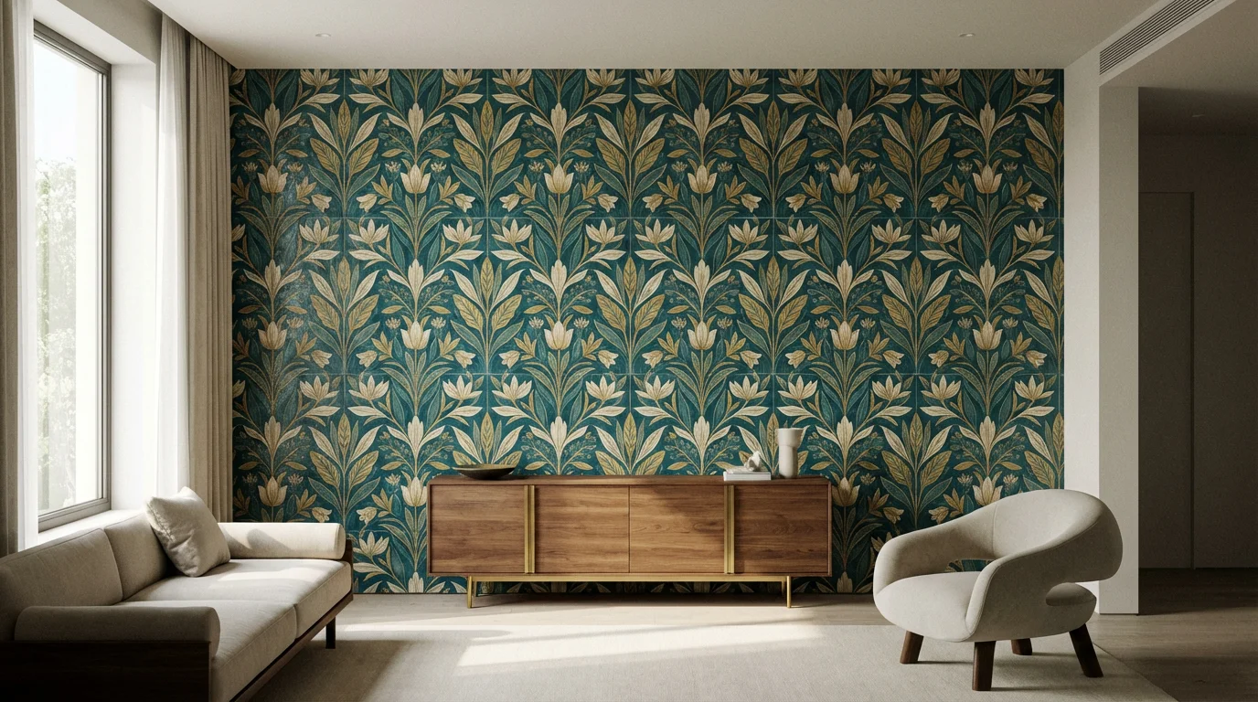 A stylish living room featuring a large accent wall covered in a seamless, repeating botanical tile pattern in teal, gold, and cream, demonstrating a final design created with a seamless pattern tool.