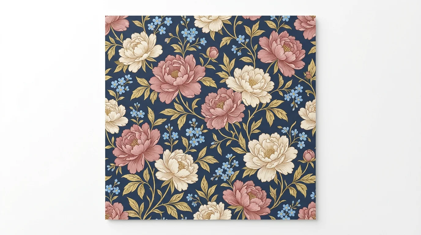 A detailed, seamless tile pattern featuring pink peonies and golden vines on a navy blue background, displayed as a square swatch on a white surface.