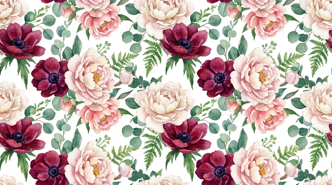 A seamless tile with a beautiful watercolor floral pattern of pink and burgundy peonies and anemones on a white background.