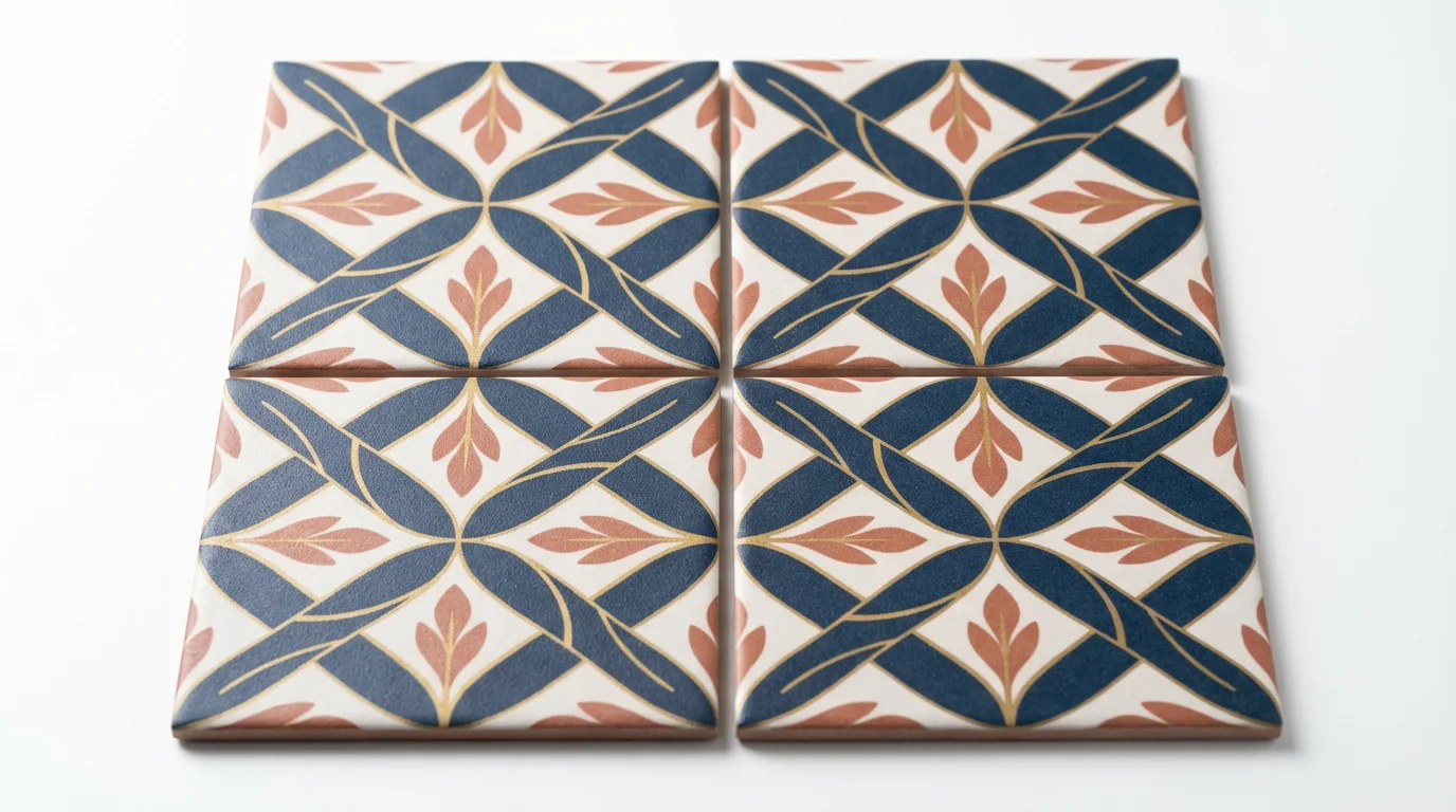 A mockup of four ceramic tiles arranged together, पुलिस, demonstrating a seamless geometric and botanical pattern in navy, terracotta, and gold that flows perfectly between them.