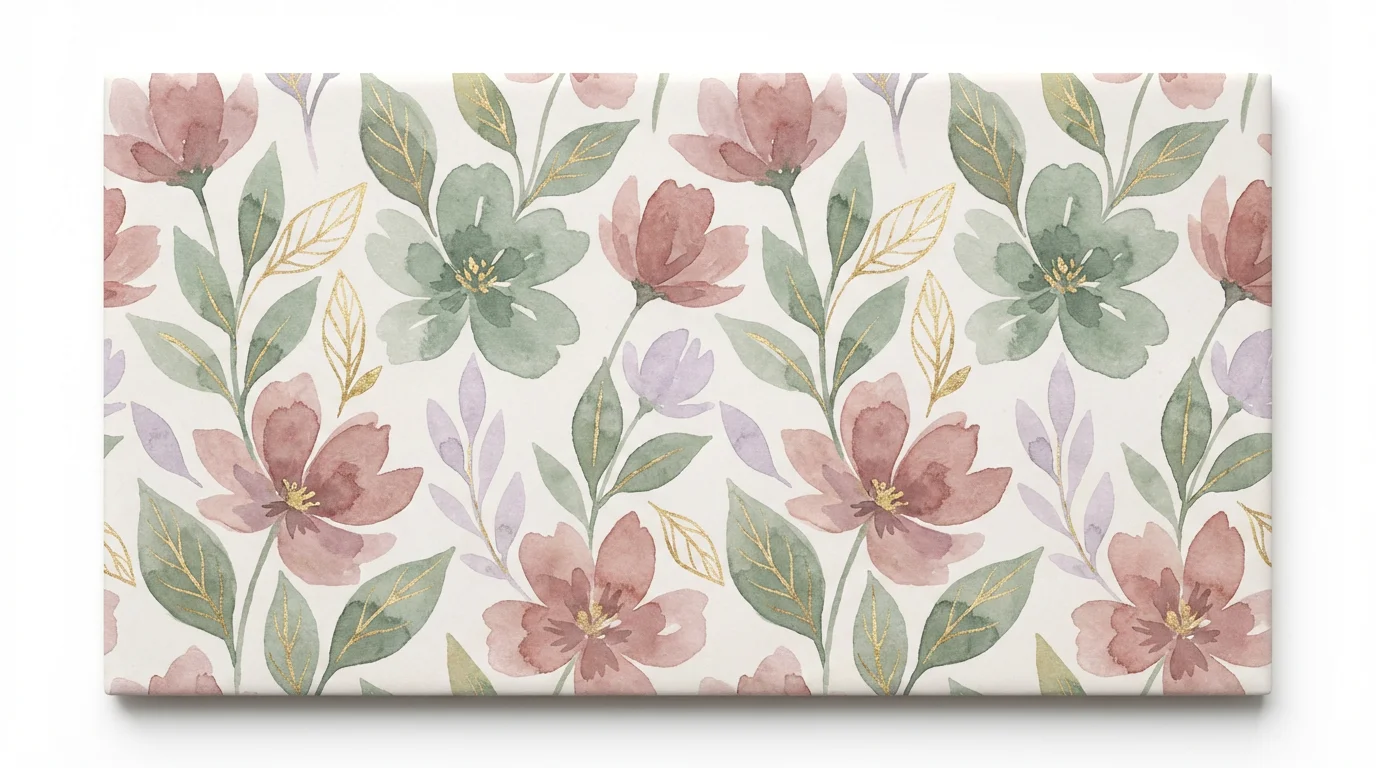 A close-up of a seamless tile pattern featuring elegant watercolor flowers in pastel pinks and purples with green leaves and gold details, on a white background.