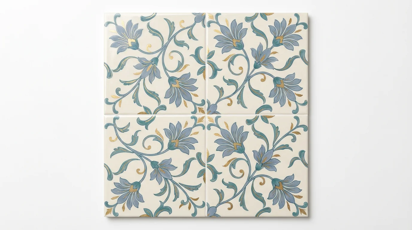 A 2x2 grid of four square ceramic tiles on a white background, which together form a single, seamless botanical pattern in blue, teal, and gold.