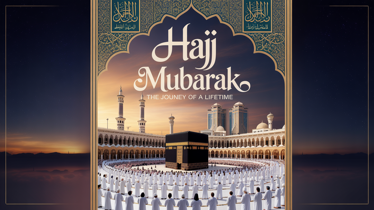 A professionally designed Hajj poster featuring the Kaaba at its center, surrounded by devoted pilgrims. The grand Masjid al-Haram is visible in the background under a twilight sky, with the text 'Hajj Mubarak' prominently displayed.
