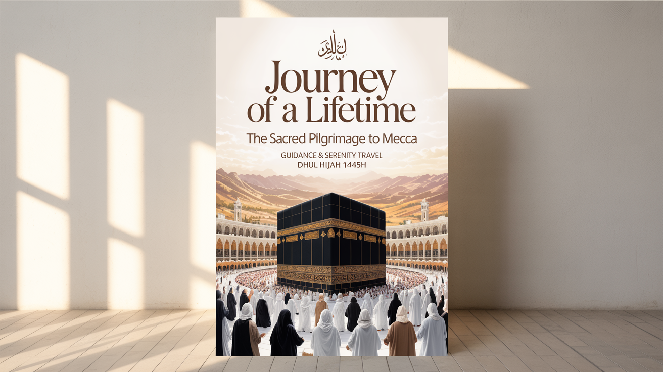 A mockup of a Hajj pilgrimage poster against a white background, featuring a central image of the Kaaba, pilgrims, and text reading 'Journey of a Lifetime'.