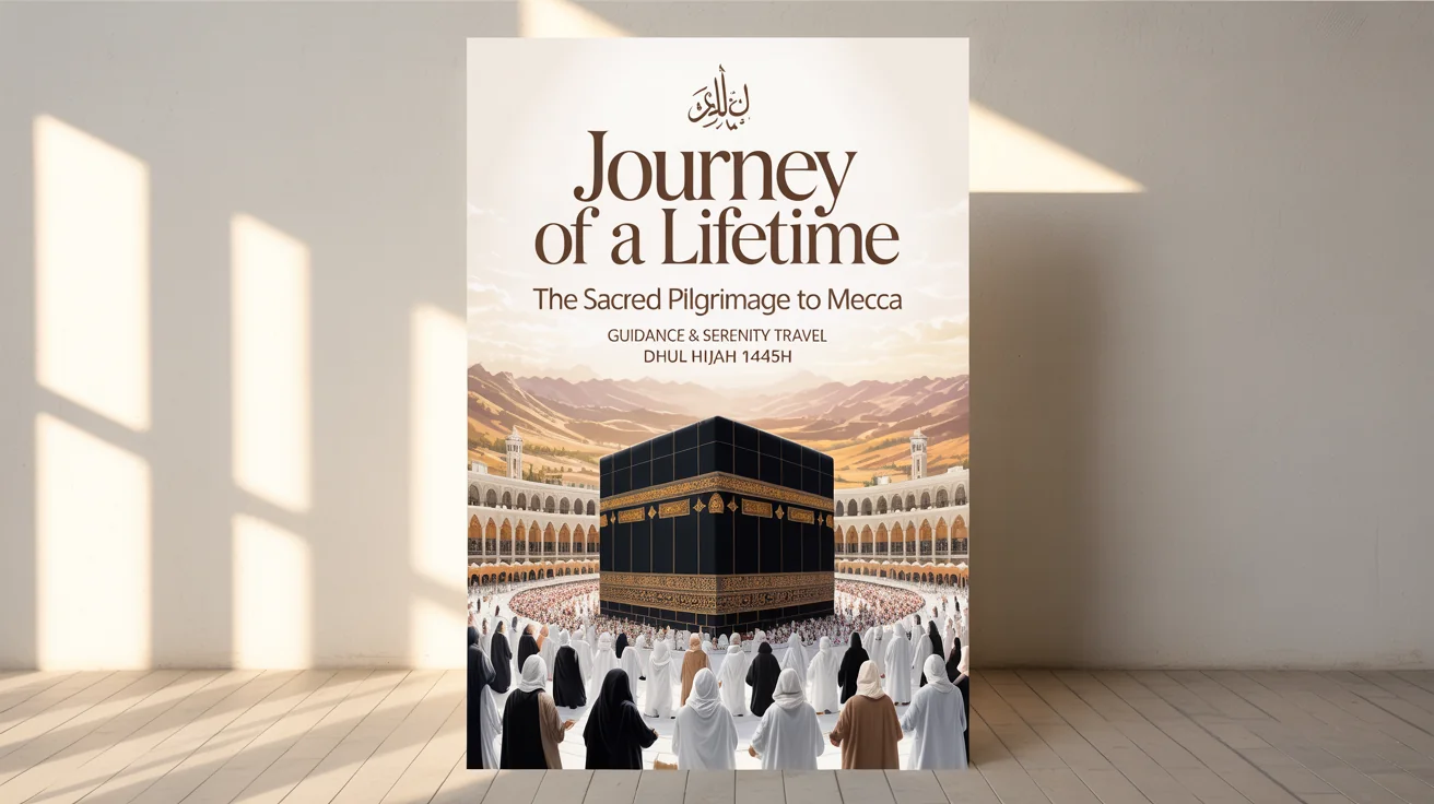 A mockup of a Hajj pilgrimage poster against a white background, featuring a central image of the Kaaba, pilgrims, and text reading 'Journey of a Lifetime'.