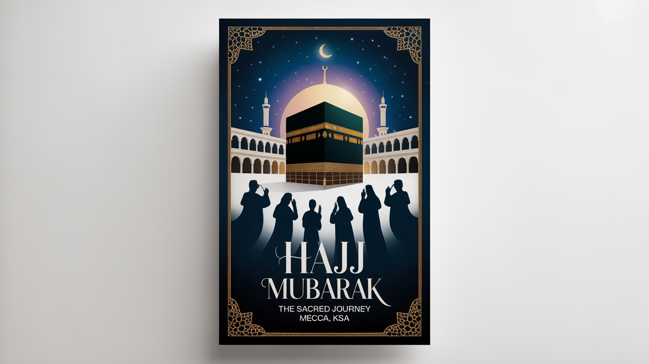 A mockup of a Hajj poster on a white background. The poster depicts the Kaaba at night, glowing under a starry sky, with silhouettes of pilgrims. It features the legible text 'Hajj Mubarak' and 'The Sacred Journey'.