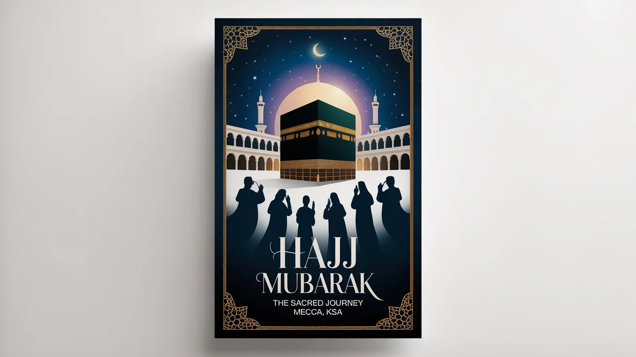 A mockup of a Hajj poster on a white background. The poster depicts the Kaaba at night, glowing under a starry sky, with silhouettes of pilgrims. It features the legible text 'Hajj Mubarak' and 'The Sacred Journey'.