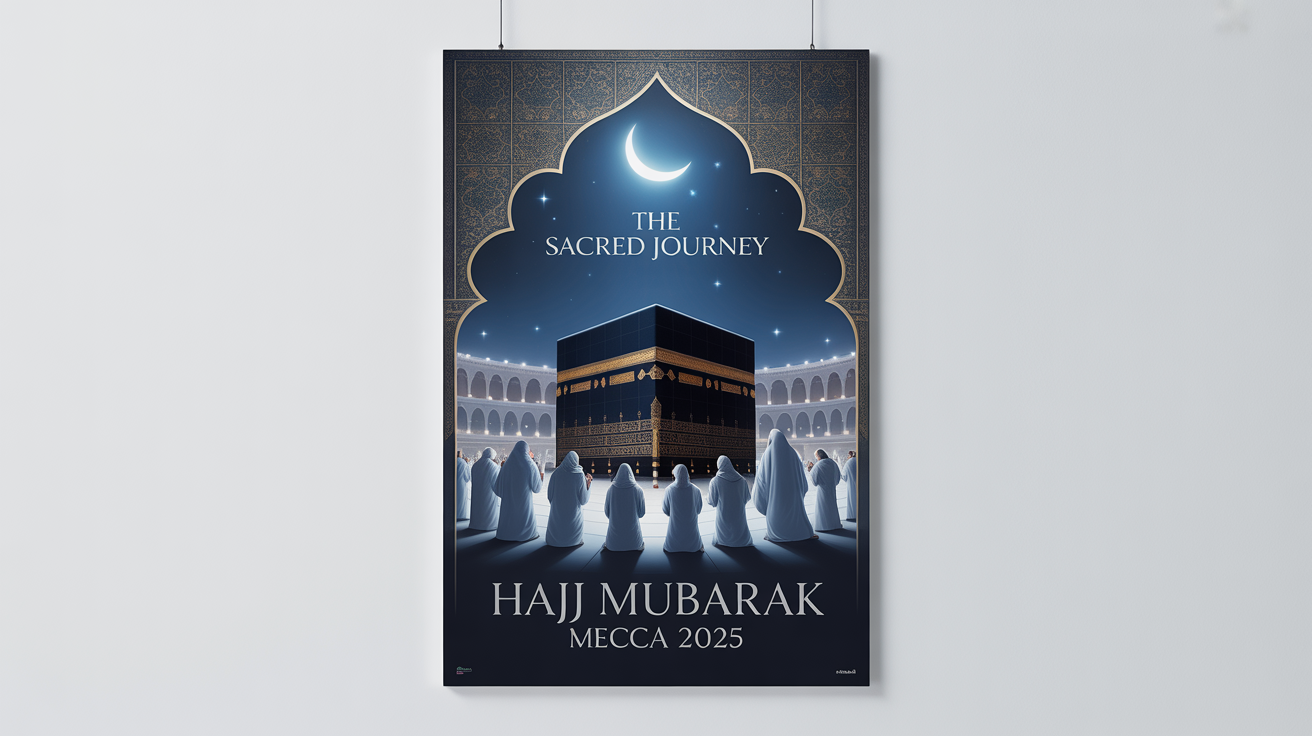 A mockup of a spiritual Hajj poster featuring the Kaaba at night under a crescent moon, with pilgrims praying. The poster includes the text 'The Sacred Journey' and 'Hajj Mubarak 2025' in elegant fonts.