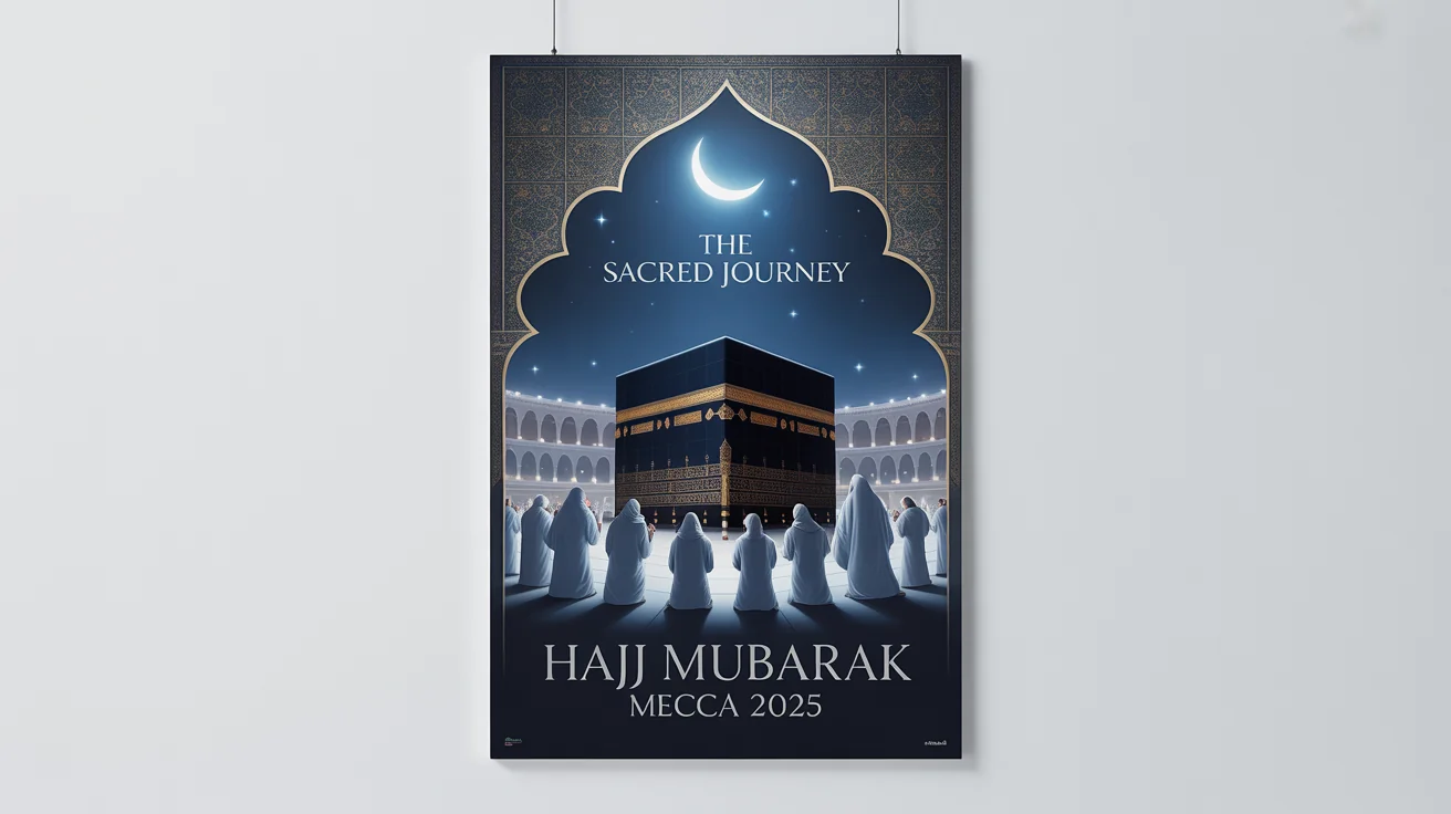 A mockup of a spiritual Hajj poster featuring the Kaaba at night under a crescent moon, with pilgrims praying. The poster includes the text 'The Sacred Journey' and 'Hajj Mubarak 2025' in elegant fonts.