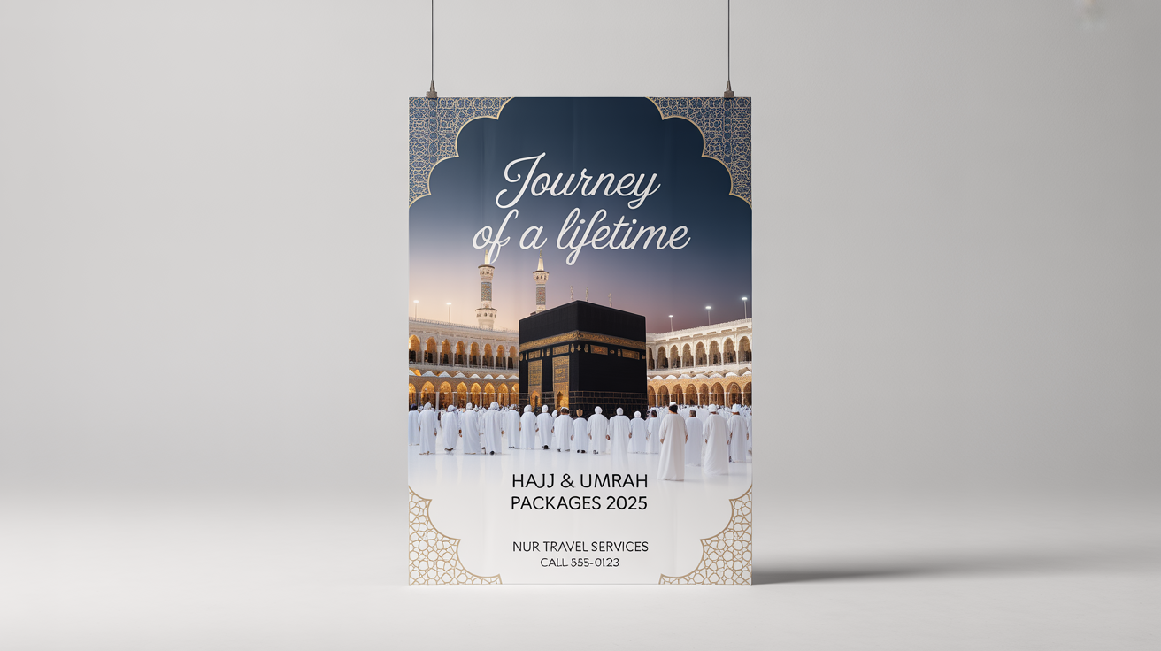 A professional mockup of a Hajj poster against a white background, featuring the Kaaba at twilight and legible text for 'Journey of a Lifetime', 'Hajj & Umrah Packages 2025', and a fictional travel agency.