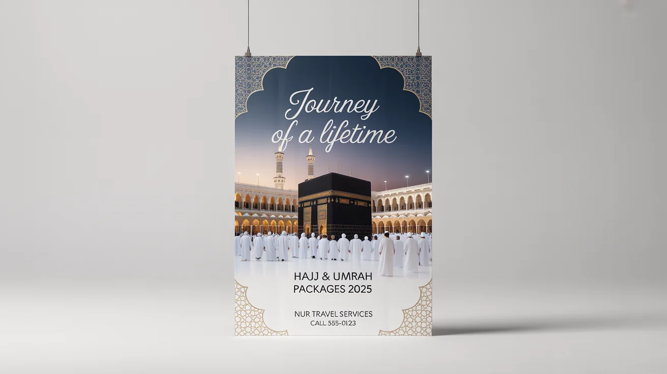 A professional mockup of a Hajj poster against a white background, featuring the Kaaba at twilight and legible text for 'Journey of a Lifetime', 'Hajj & Umrah Packages 2025', and a fictional travel agency.