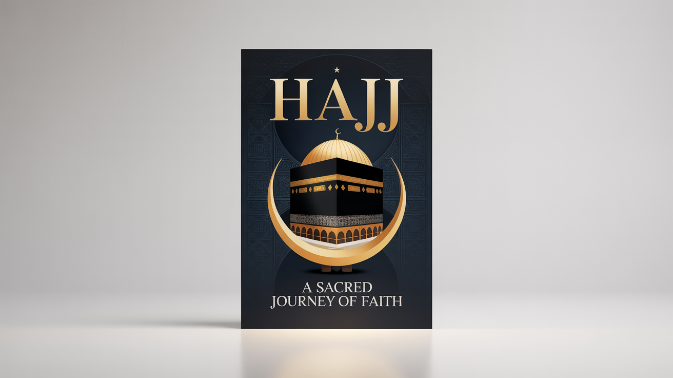 A modern poster for the Hajj pilgrimage displayed on a white background. The poster features a gold and black illustration of the Kaaba with the word 'HAJJ' in gold typography.