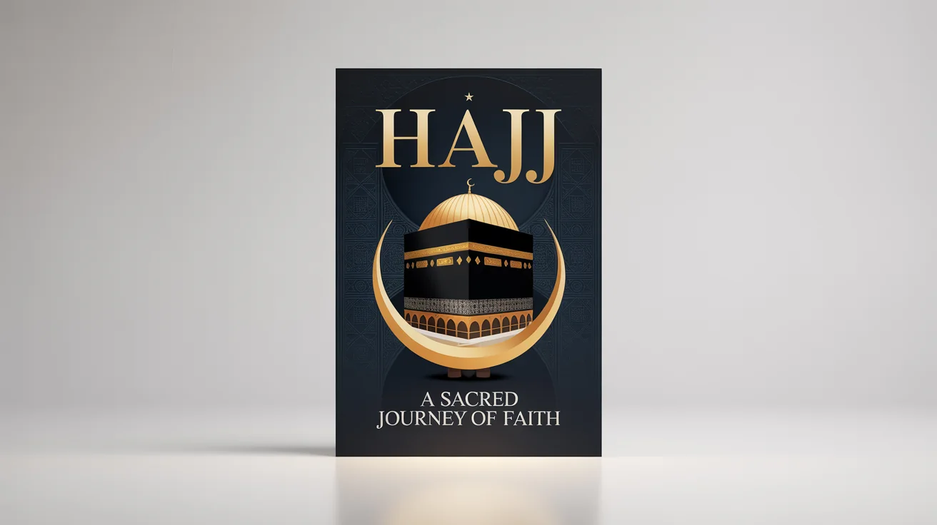 A modern poster for the Hajj pilgrimage displayed on a white background. The poster features a gold and black illustration of the Kaaba with the word 'HAJJ' in gold typography.