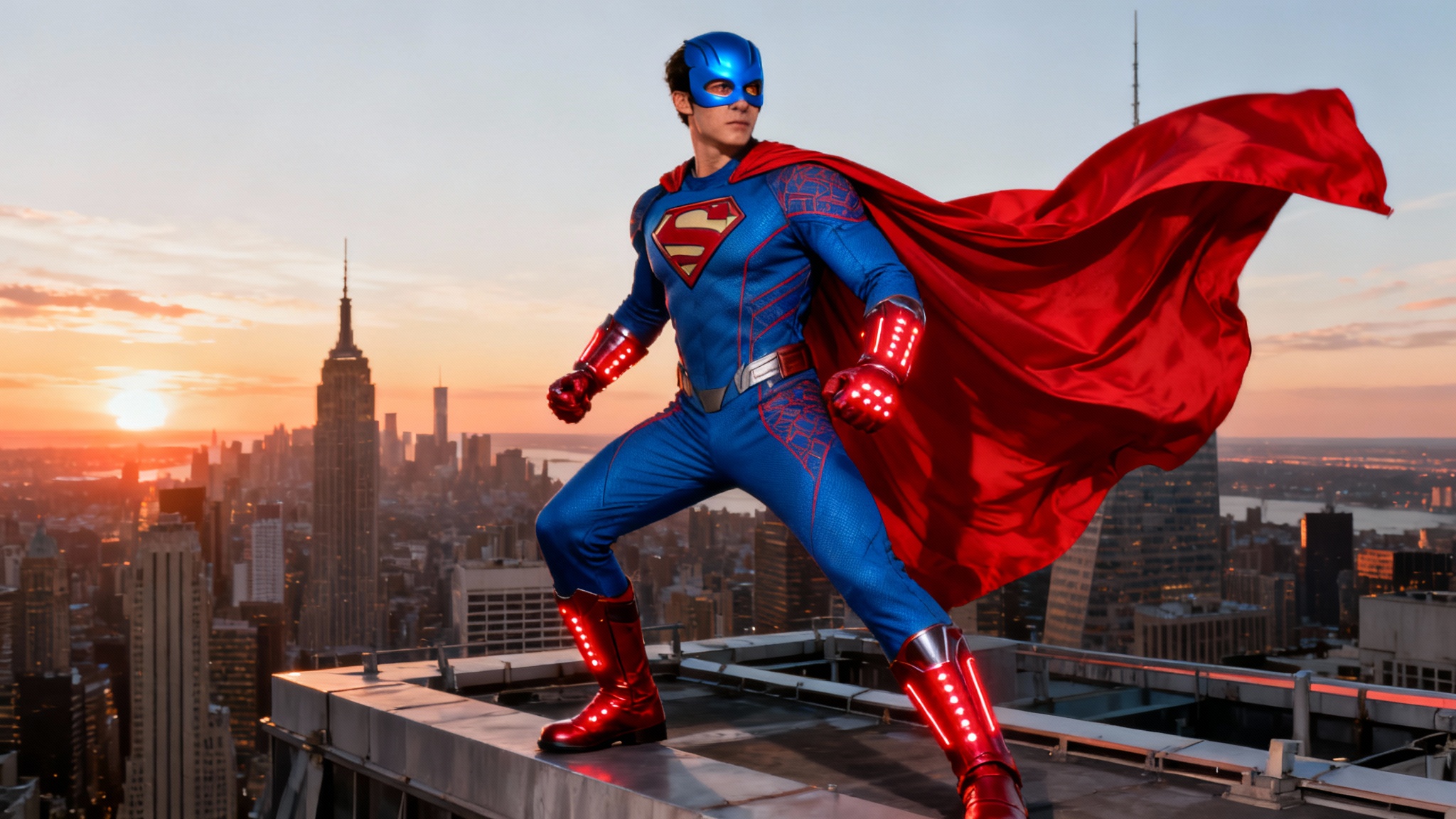 A photorealistic image of a person dressed as a superhero in a detailed blue and red costume, posing dramatically on a rooftop with a city skyline at sunset in the background.
