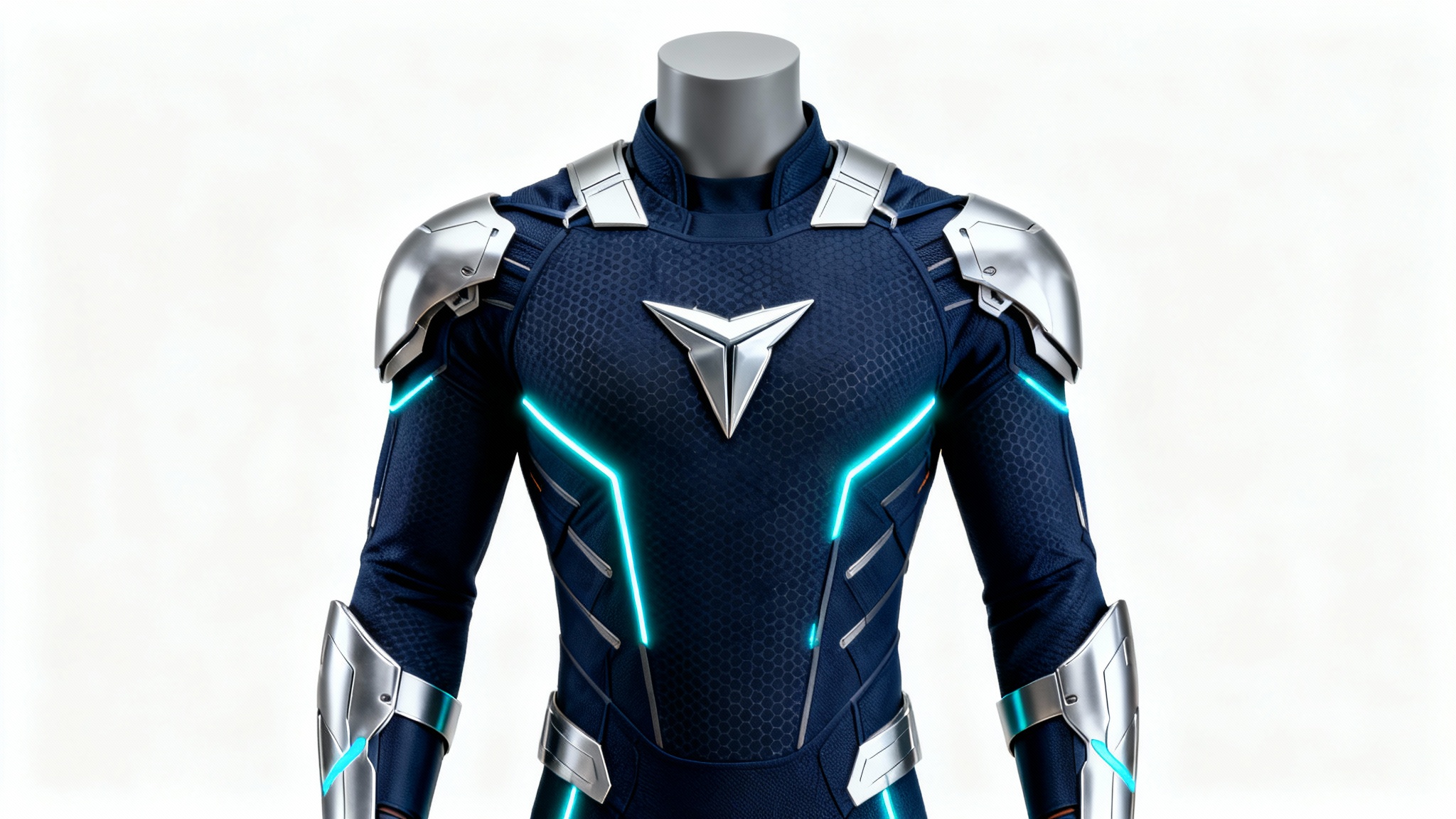 A modern superhero costume in navy blue and silver with glowing cyan accents, displayed on a mannequin against a clean white background.