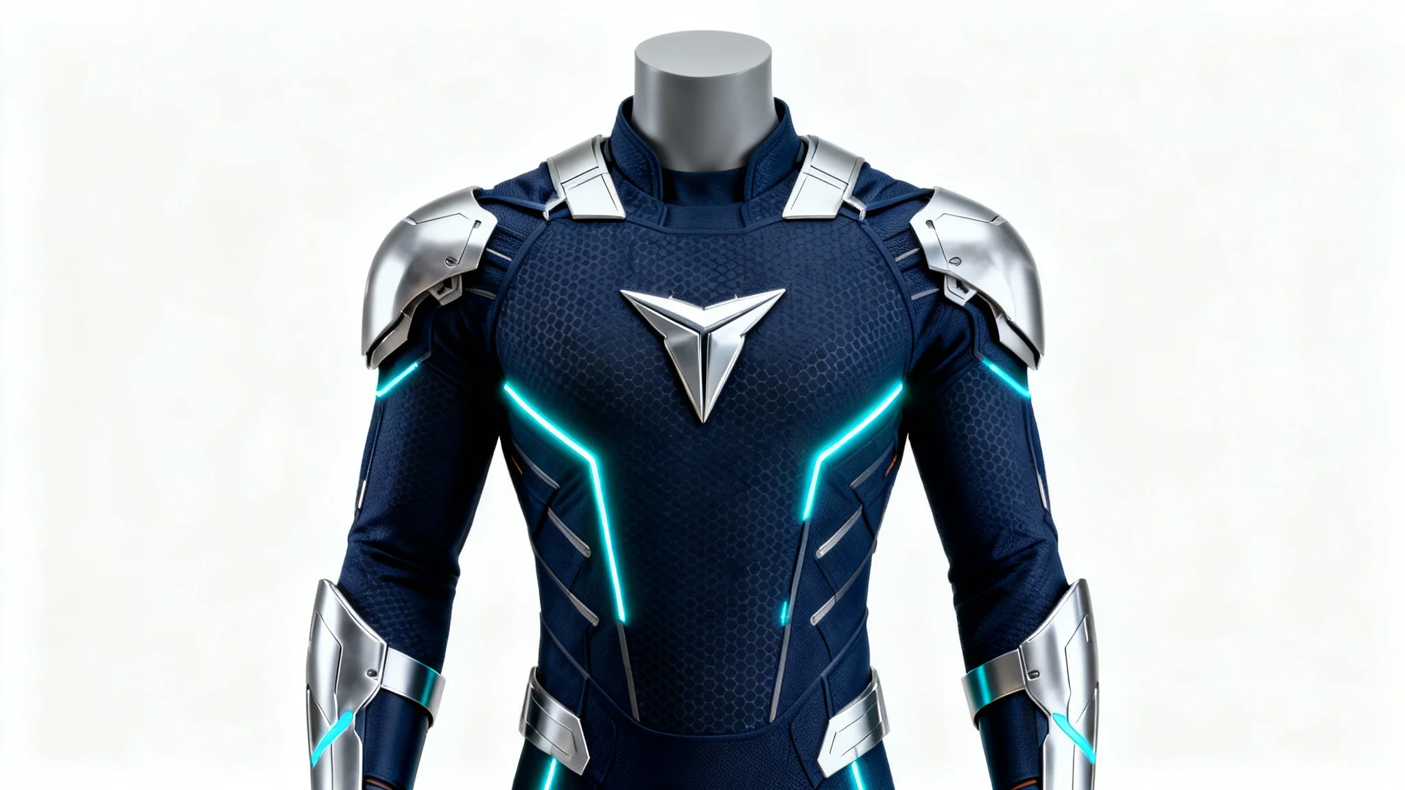 A modern superhero costume in navy blue and silver with glowing cyan accents, displayed on a mannequin against a clean white background.