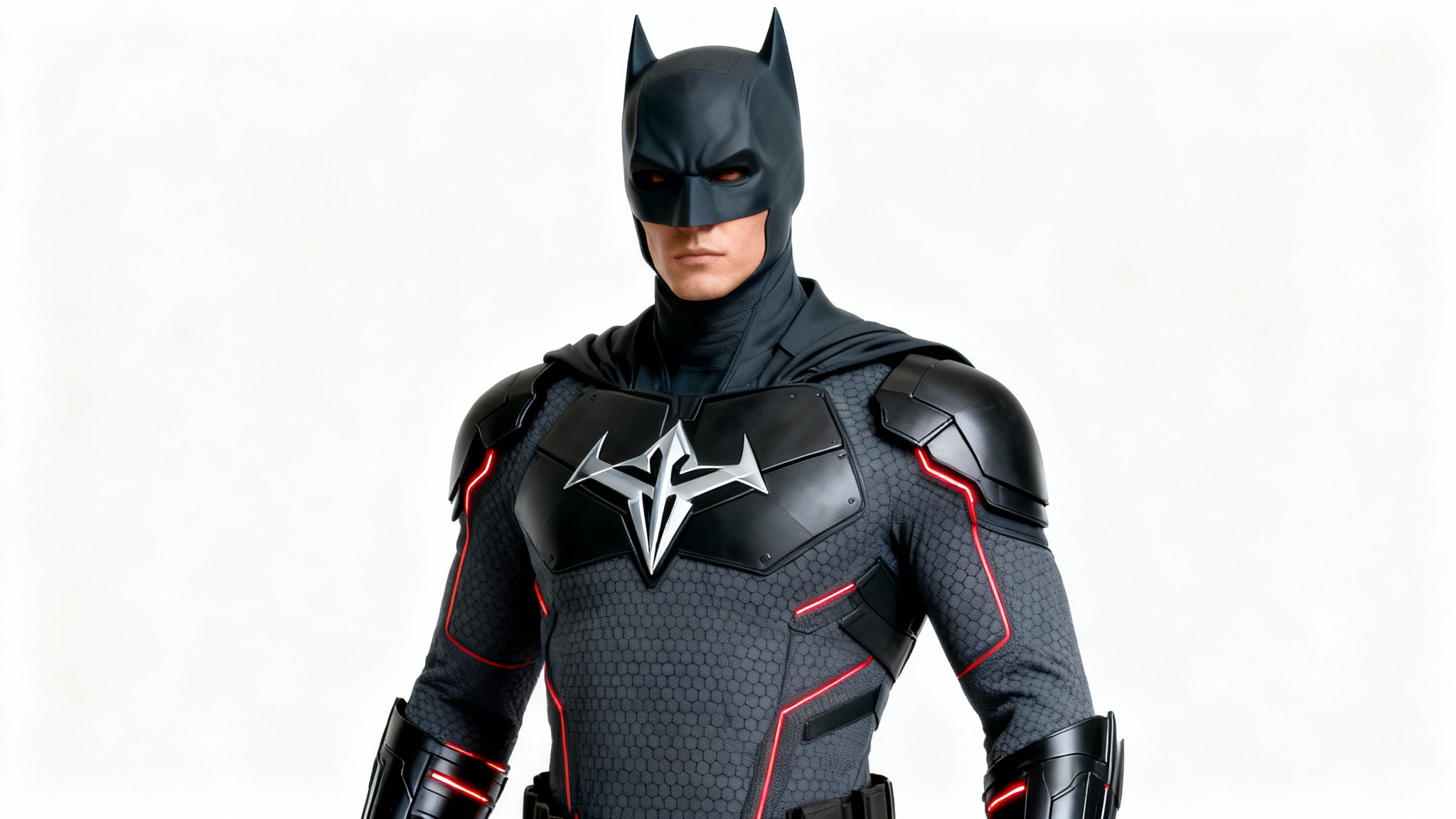 A modern superhero costume in charcoal gray and matte black, displayed on a mannequin against a white background, featuring glowing red accents and a silver chest emblem.
