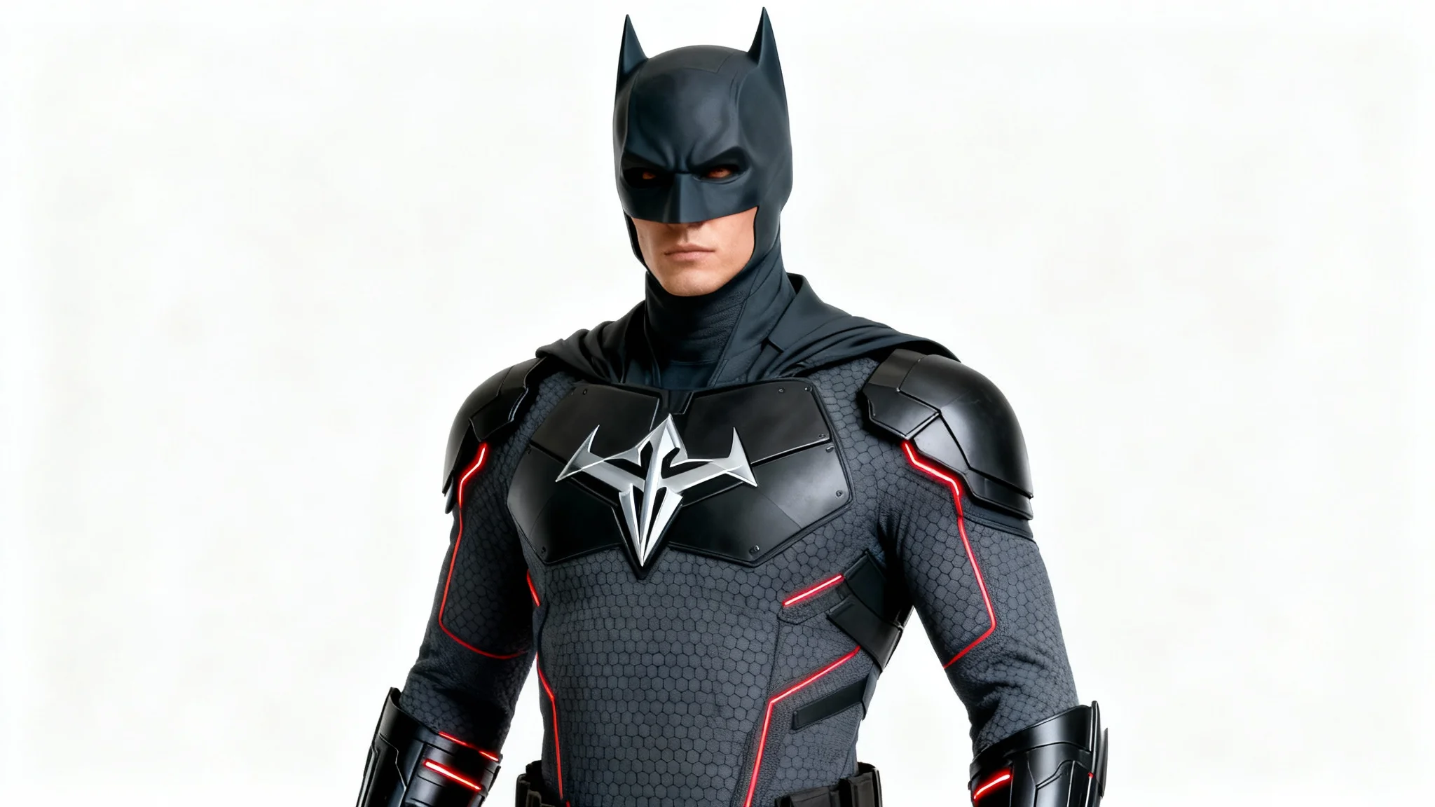 A modern superhero costume in charcoal gray and matte black, displayed on a mannequin against a white background, featuring glowing red accents and a silver chest emblem.